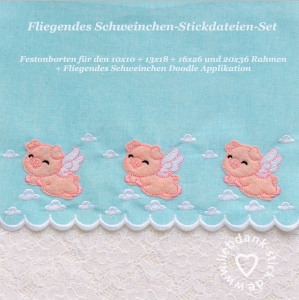 Fliegendes-Schweinchen-Festonbortenset--Doodle-Applikation-Endlosornament-Endlosborte